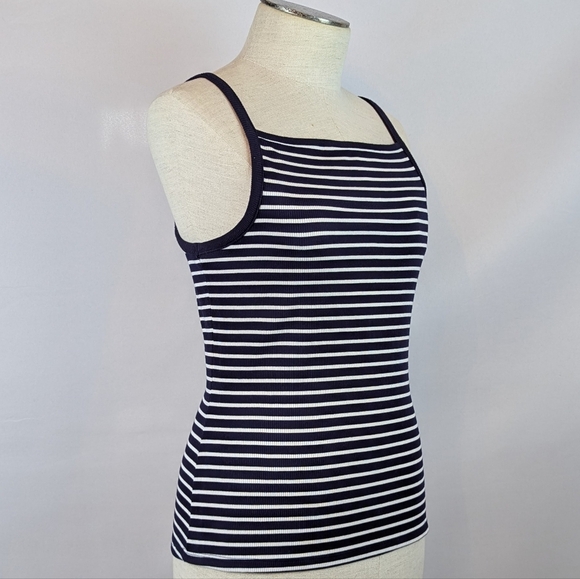 Philosophy Tank Top Squared Neckline Sleeveless Striped Fitted Navy White M NWT - Picture 2 of 8